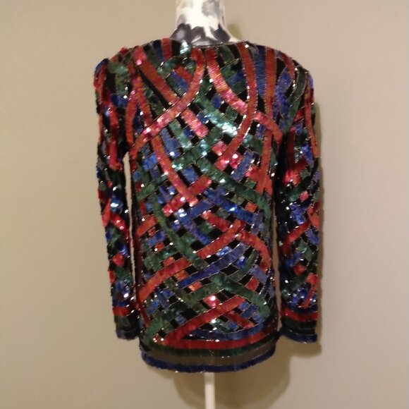 Vintage Sequin Top Blue, Red, Green, Silver on Black Silk background - Picture 5 of 8